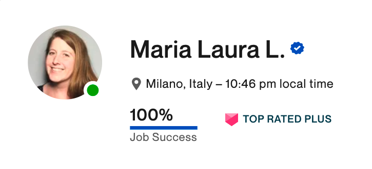 Upwork Profile Screenshot of Maria Laura Luna a Pinterest Expert with 100% job success and top rated plus badge