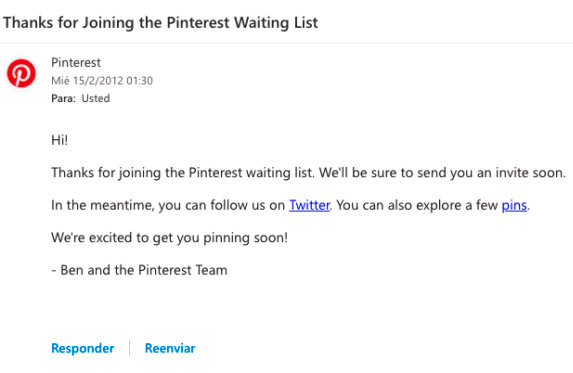 Pinterest Invitation to join the platform through a waiting list